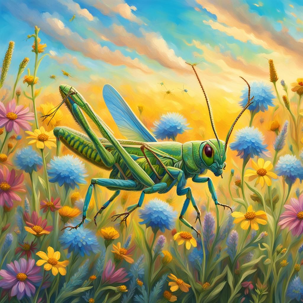 Grasshopper in Colorful Meadow, Oil Painting