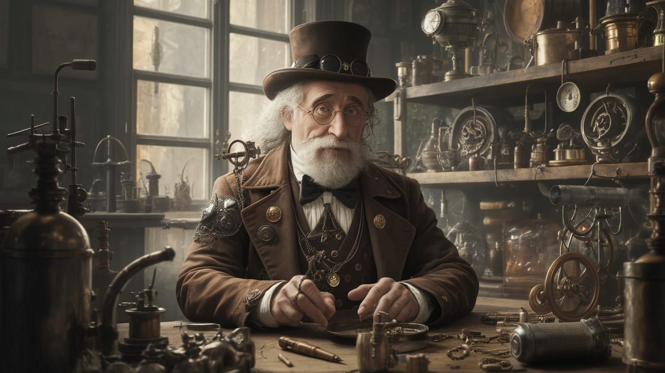 Steampunk Inventor Goofy in Baroque Workshop