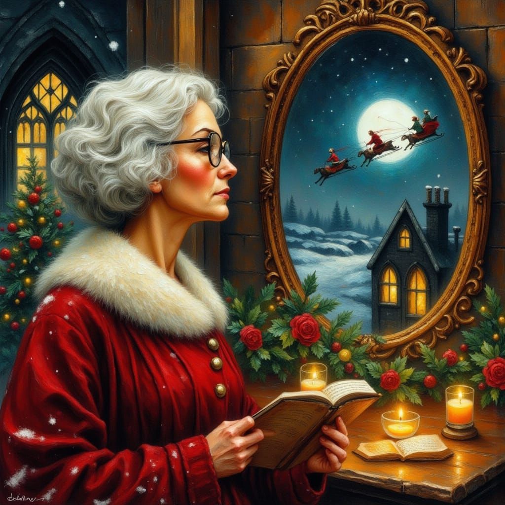 Nostalgic Christmas Scene: Woman, Santa, and Cozy Fireplace