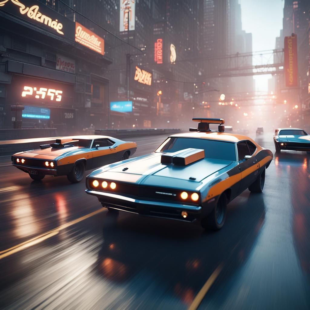 Cyberpunk Muscle Car Drag Race in a Neon City