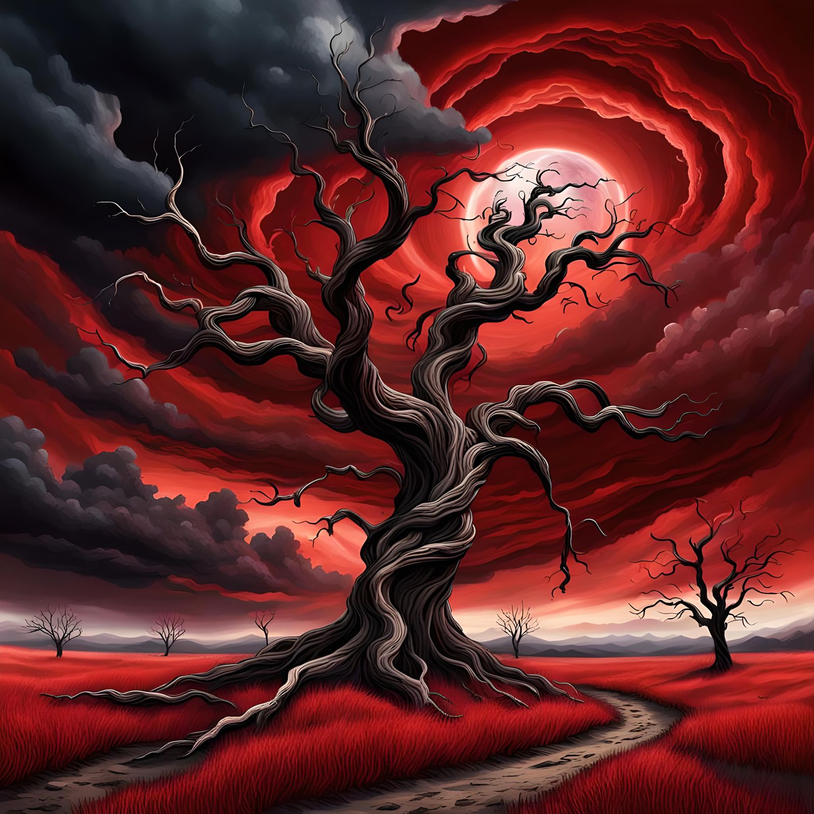 Blood Red Sky Over Twisted Tree Horror