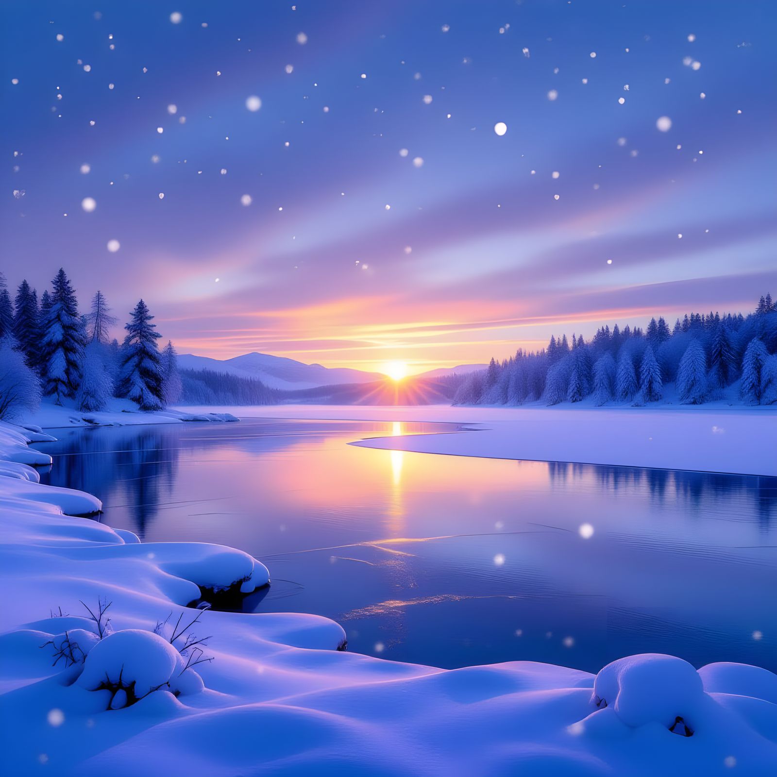 Serene Snowscape at Twilight in Hyperrealistic Style