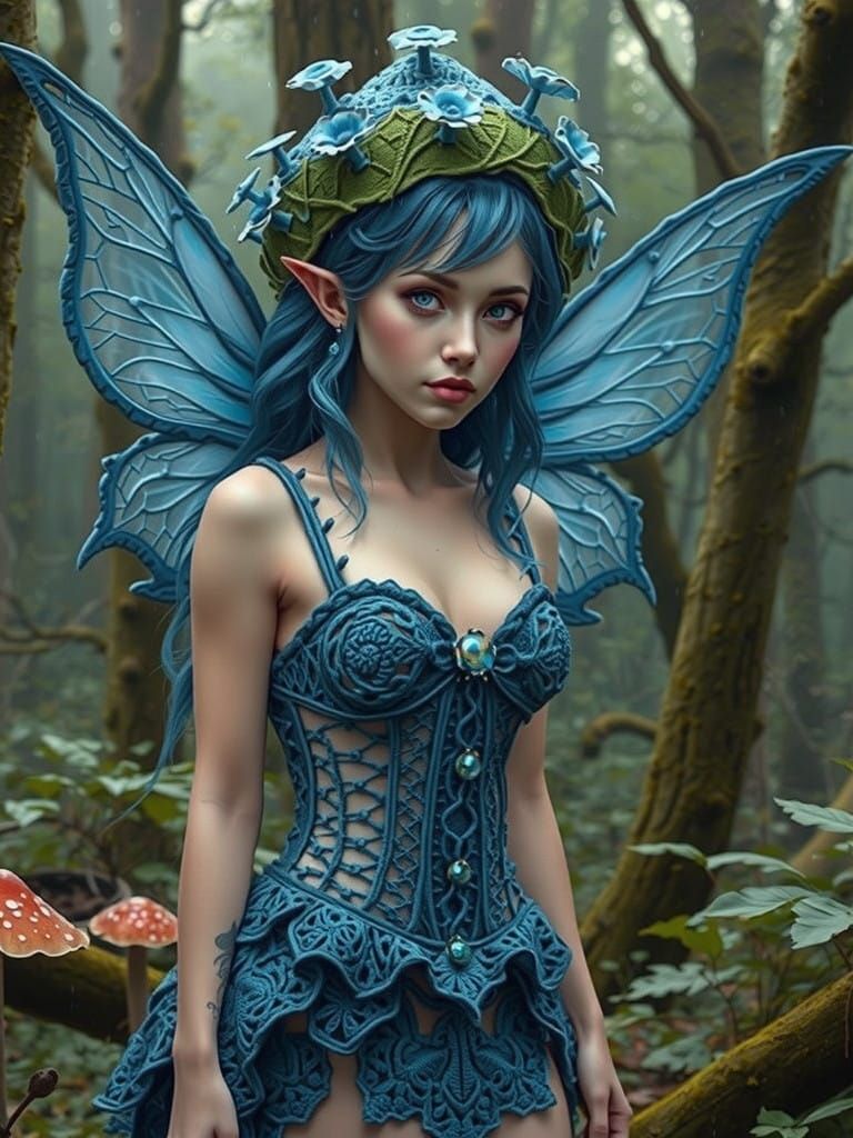 Surreal Fairy Emerges from Mushroom in Crochet Punk Style