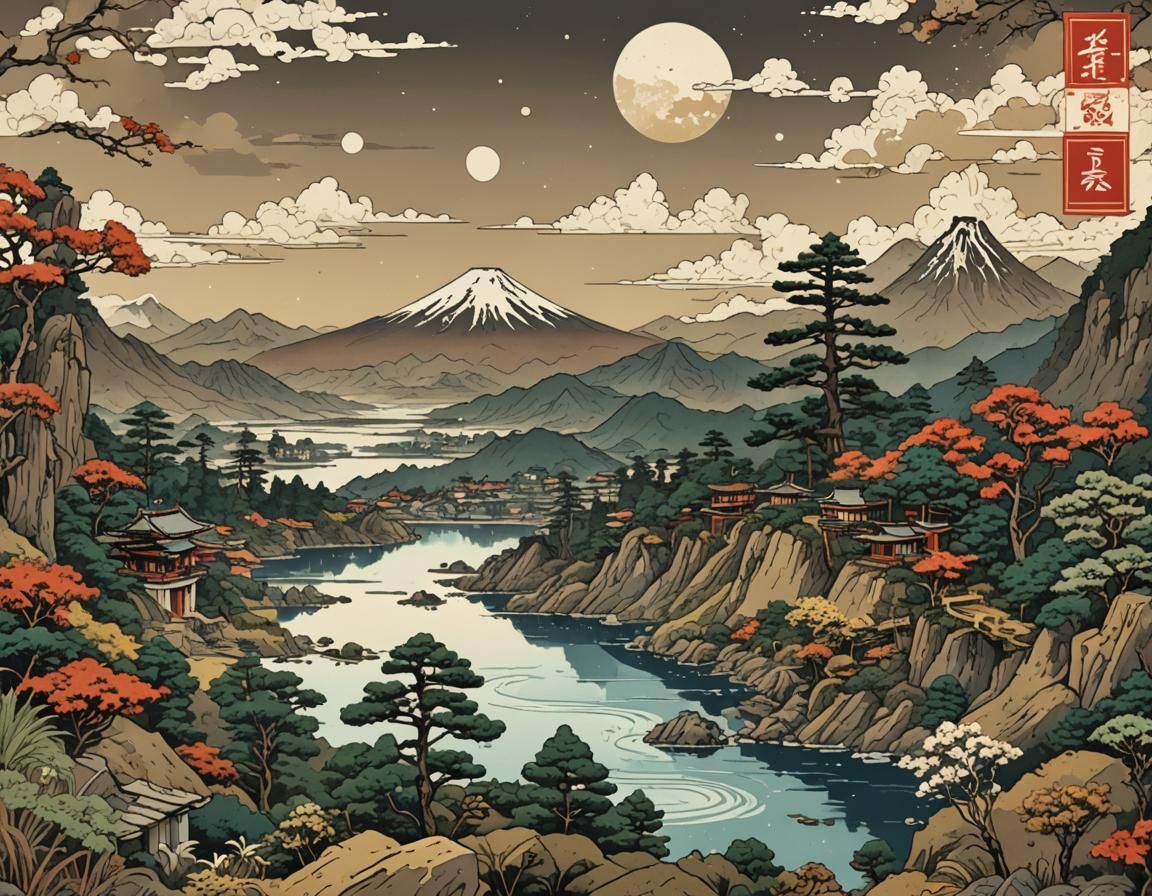 Futuristic Art Colony in 8-bit Ukiyo-e Style