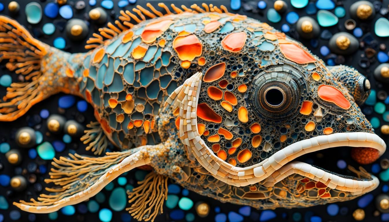 Bioluminescent Sea Life in Black and Gold Mosaic