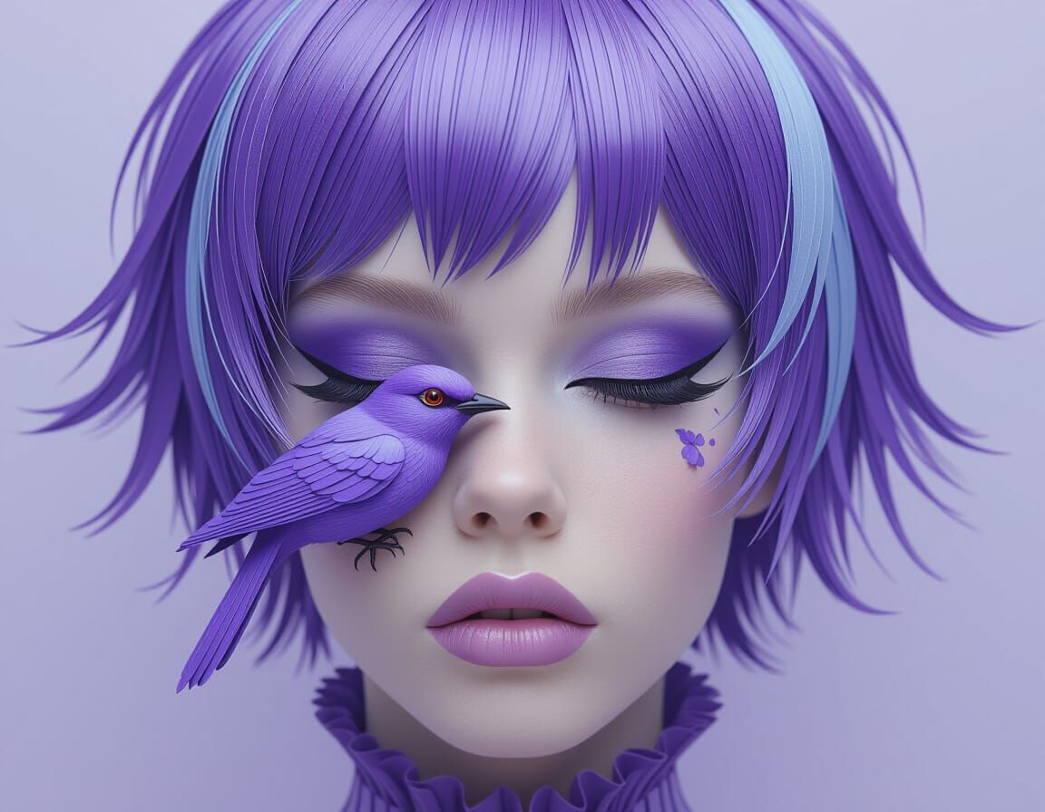 Surreal Portrait with Purple Bird in Hyper-Realism