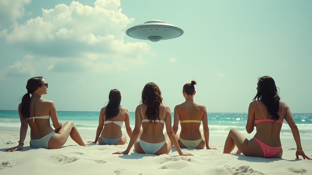 Women Sunbathing on Beach Observed by UFO