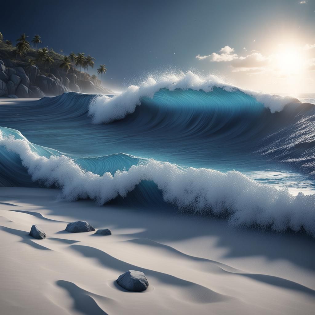 White Sand Beach with Dark Blue Waves