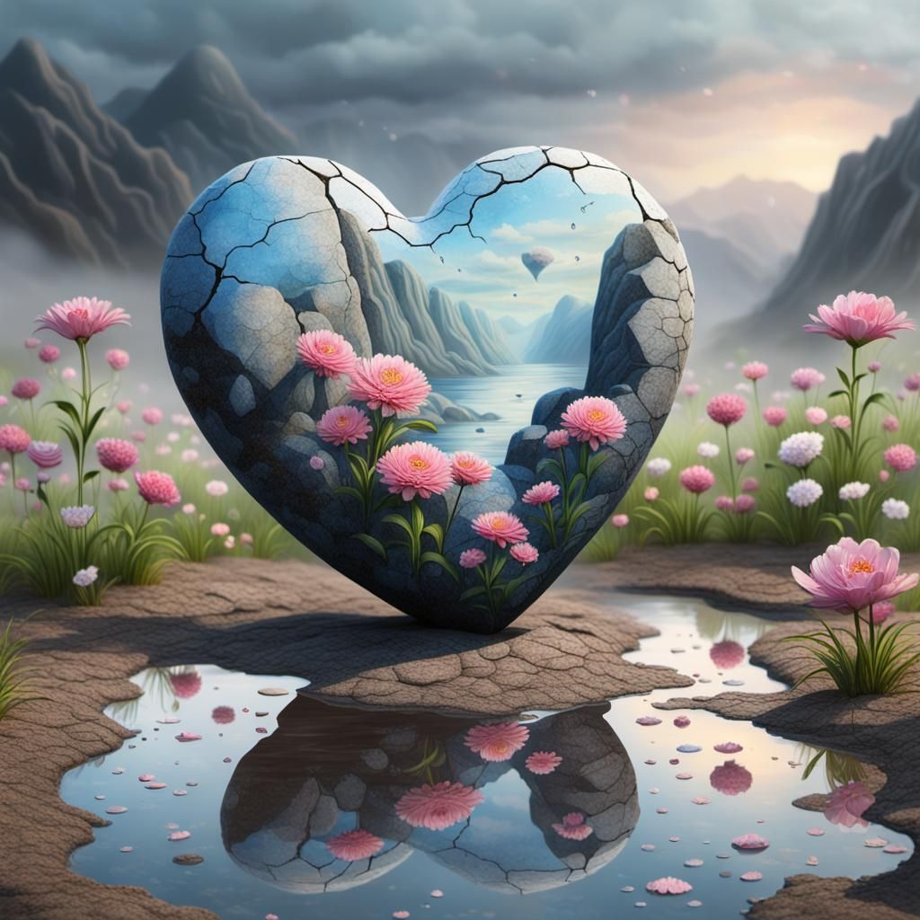 Sad Granite Heart Surrounded by Broken Flowers