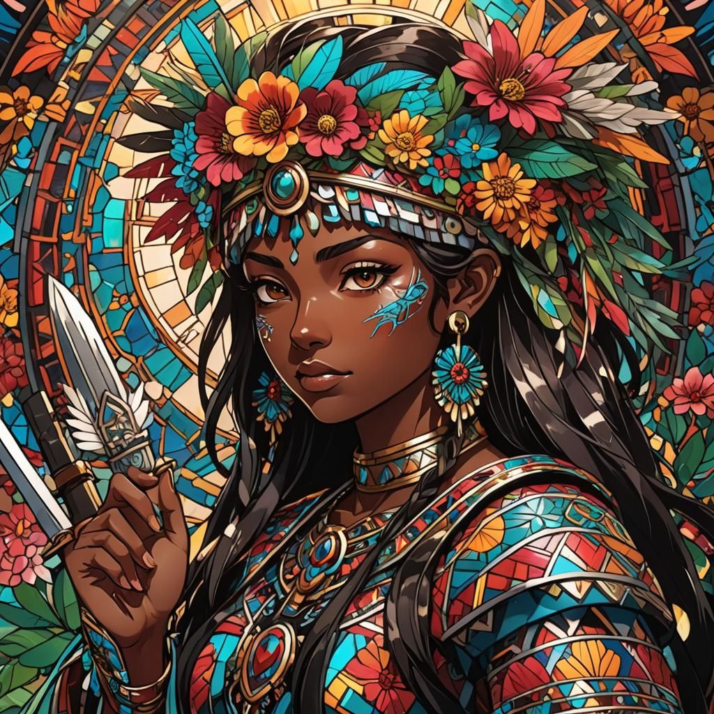 Aztec Girl in Anime Manga Style with Obsidian Sword