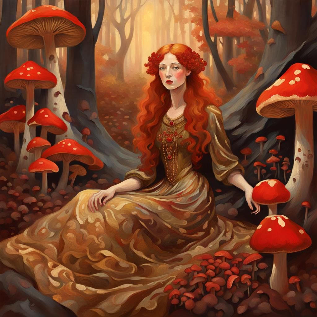 Red-Haired Lady Amongst Golden Birches in Symbolist Style