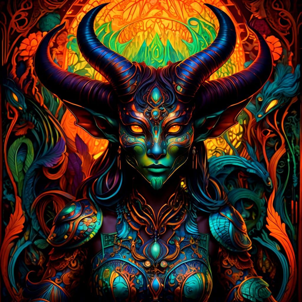 Psychedelic Animal Demon Portrait in Ornate Line Art