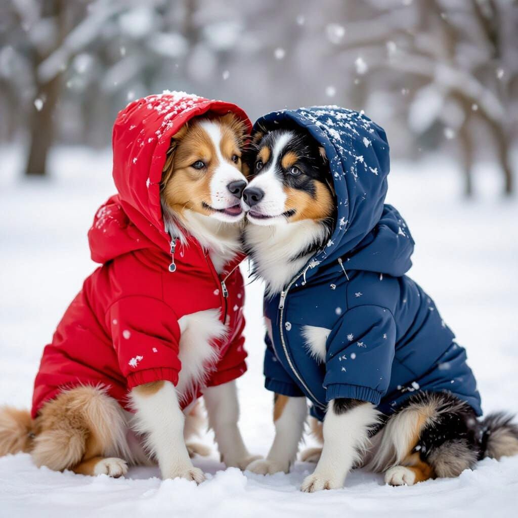 Two Small Dogs Embracing in the Rain