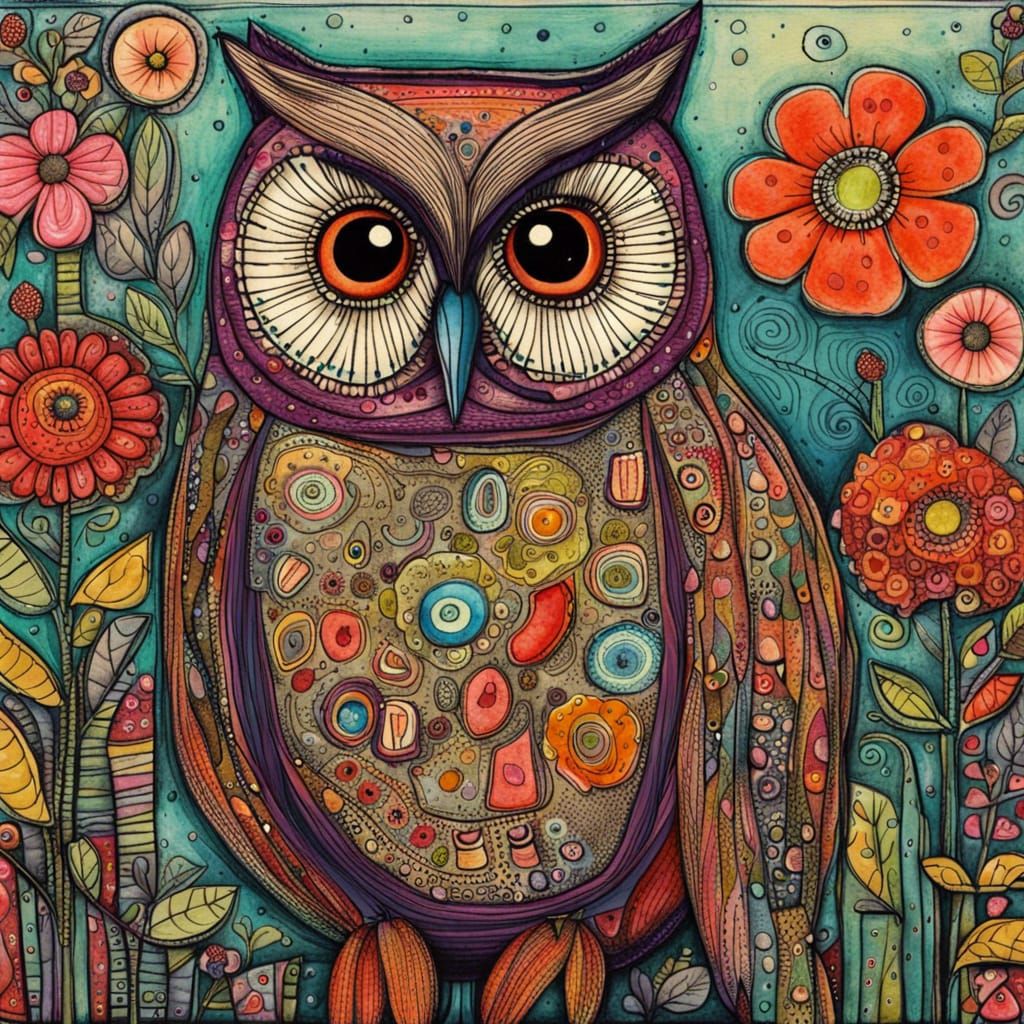 Owl in Secret Garden: Art Brut Pen-Ink Drawing