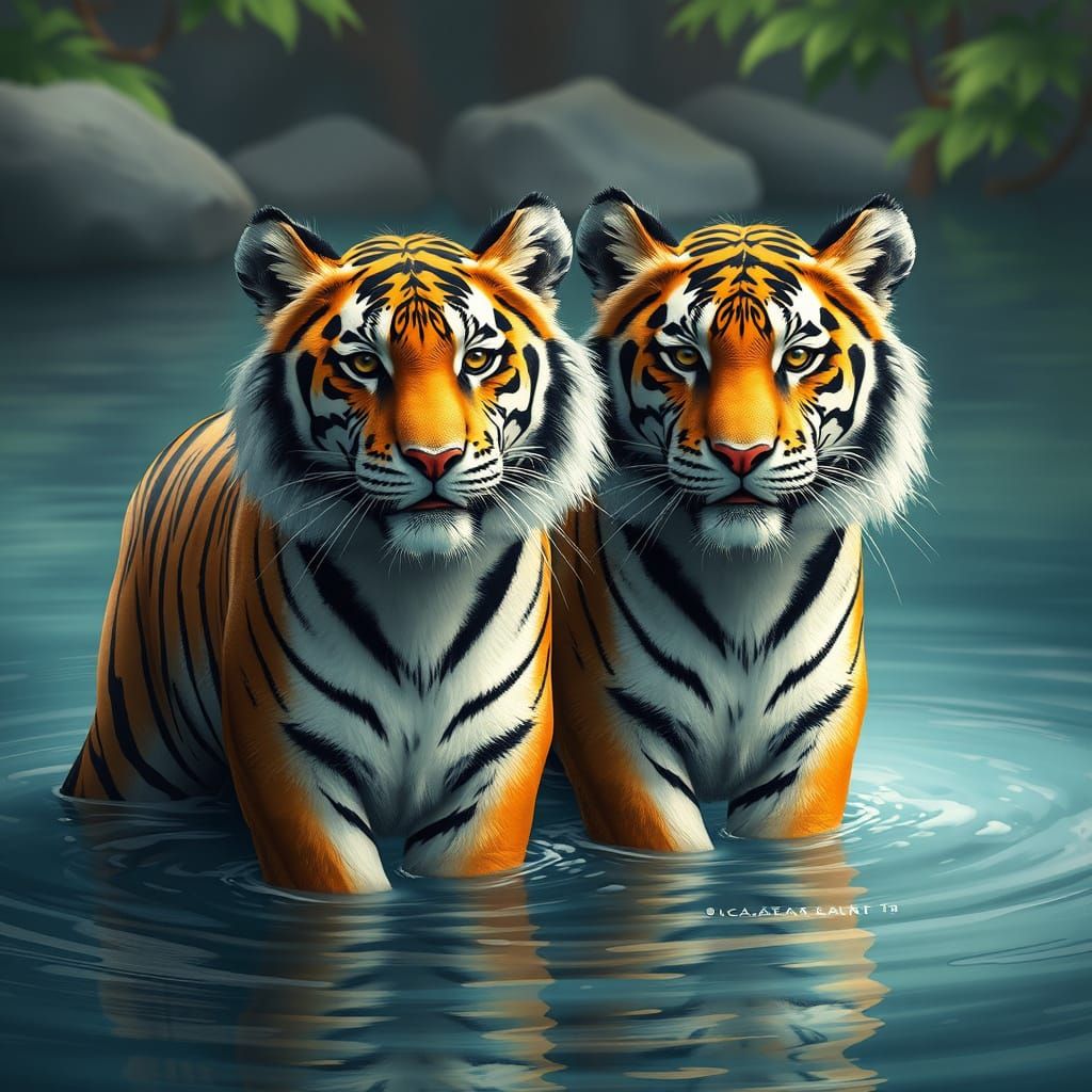 Two Tigers Stand Majestically in a Serene Water Scene, Creat...