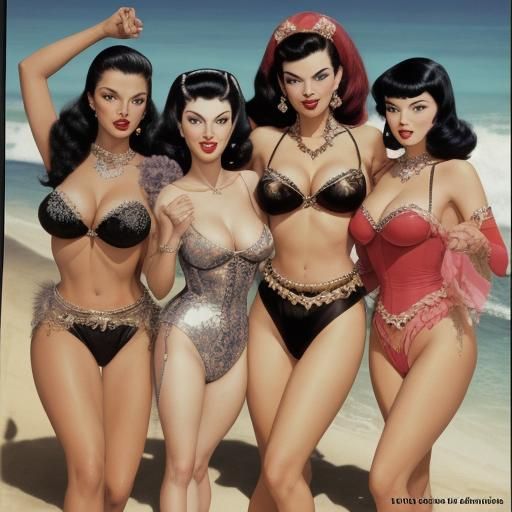 Vintage Pin-Up Models in Hawaiian Harem Setting