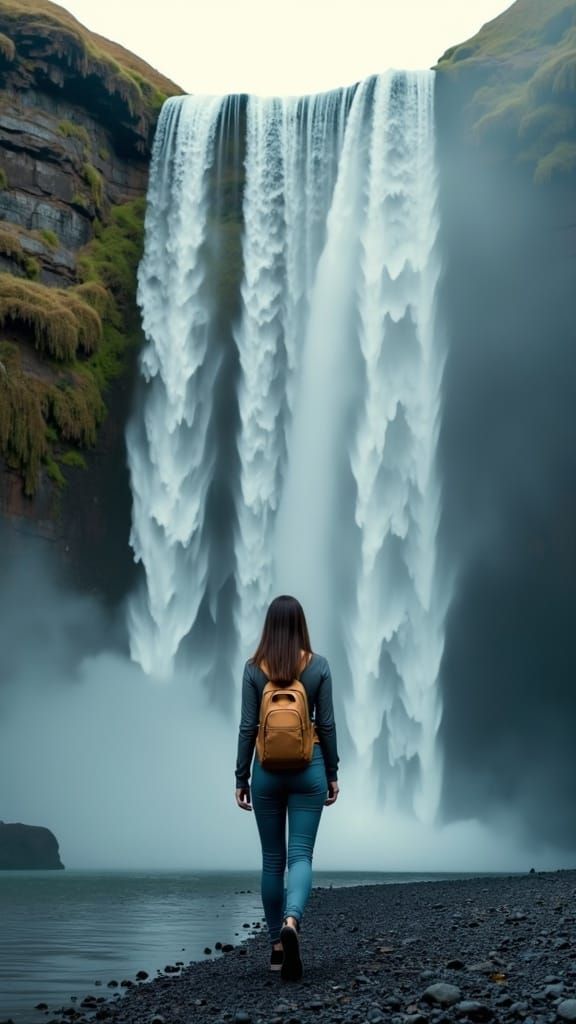 Hyperrealistic Woman Walking Near Waterfall