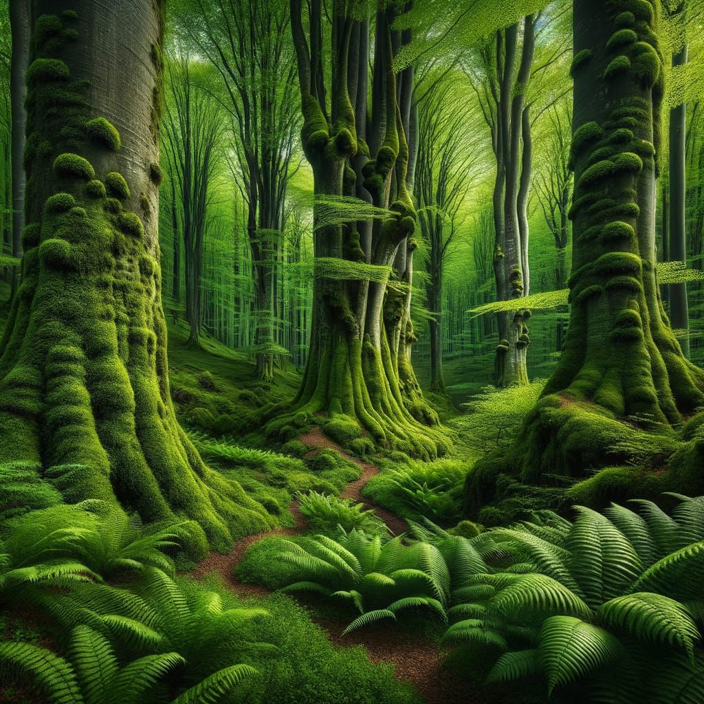 Dense Forest Canopy with Moss-Covered Trees and Lush Greener...