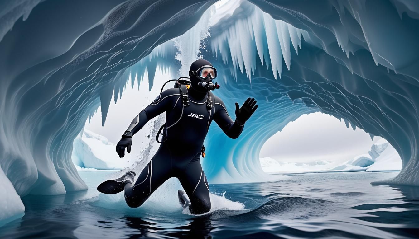 Orca Breaches Ice Near Diver in Icy Sea