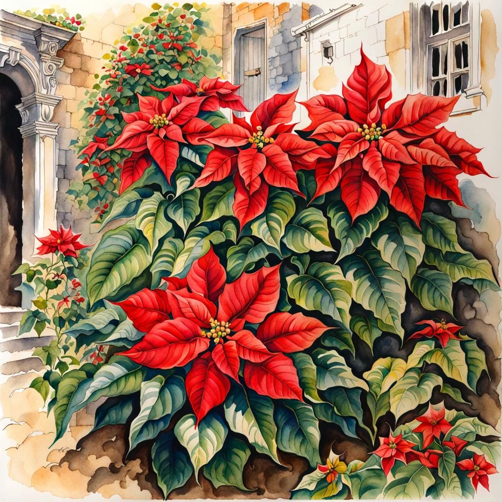 Poinsettia in Maltese Garden: Watercolor Ink Drawing