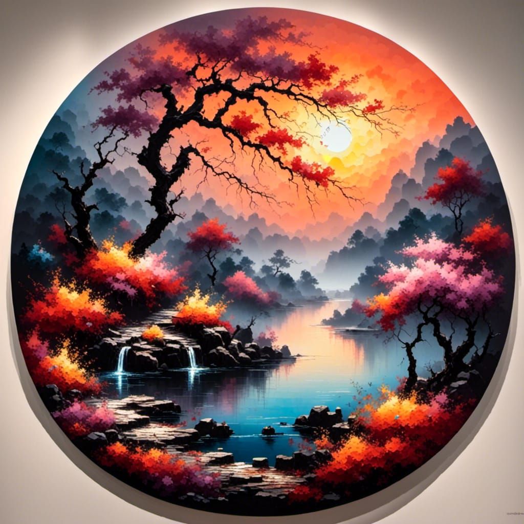 Japanese Garden Landscape in Impasto Style