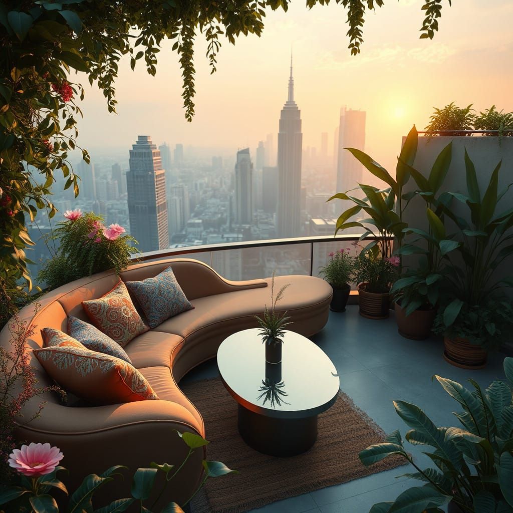 Serene Rooftop Oasis in Cyberpunk Architecture