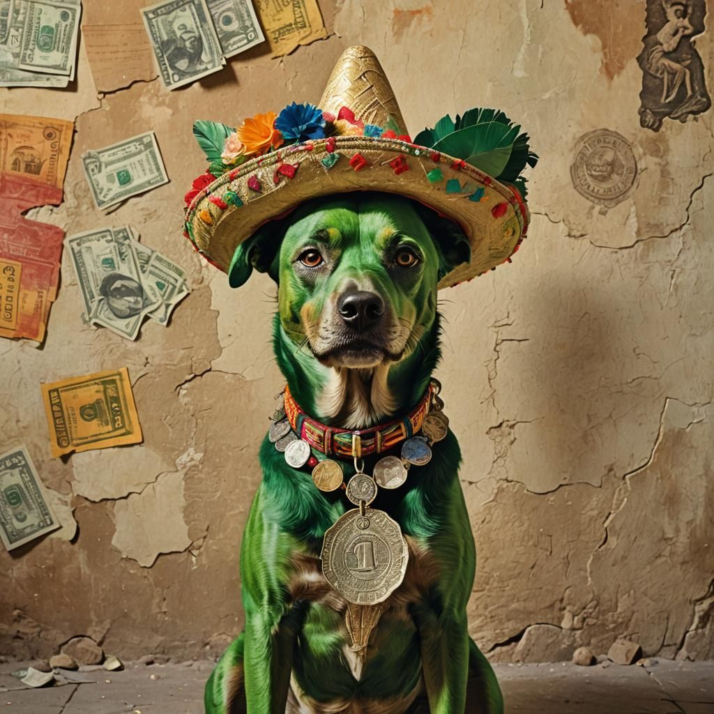 Green Dog Holding Money as Frida Kahlo Painting