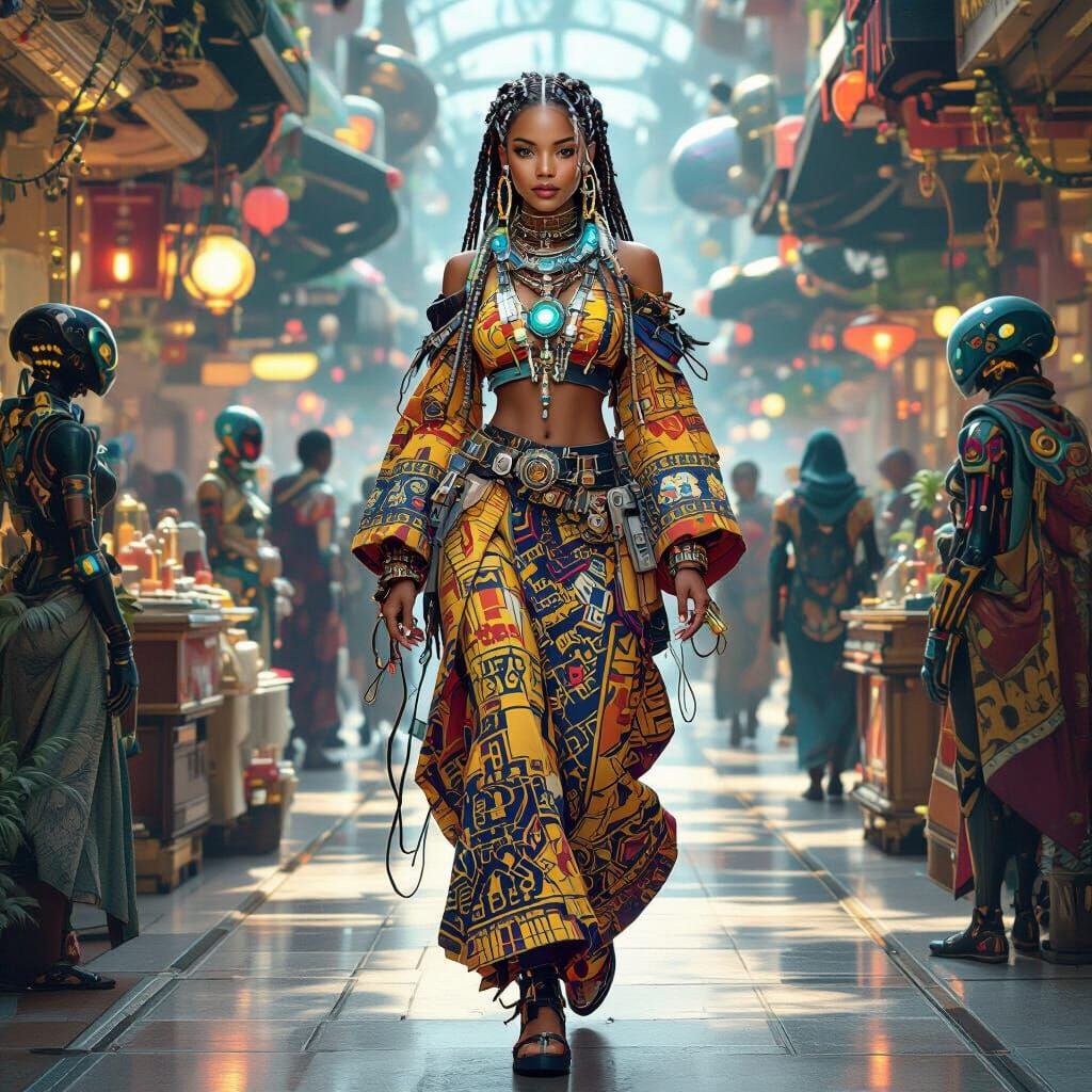 Afro-Latina Time Traveler in a Futuristic Marketplace