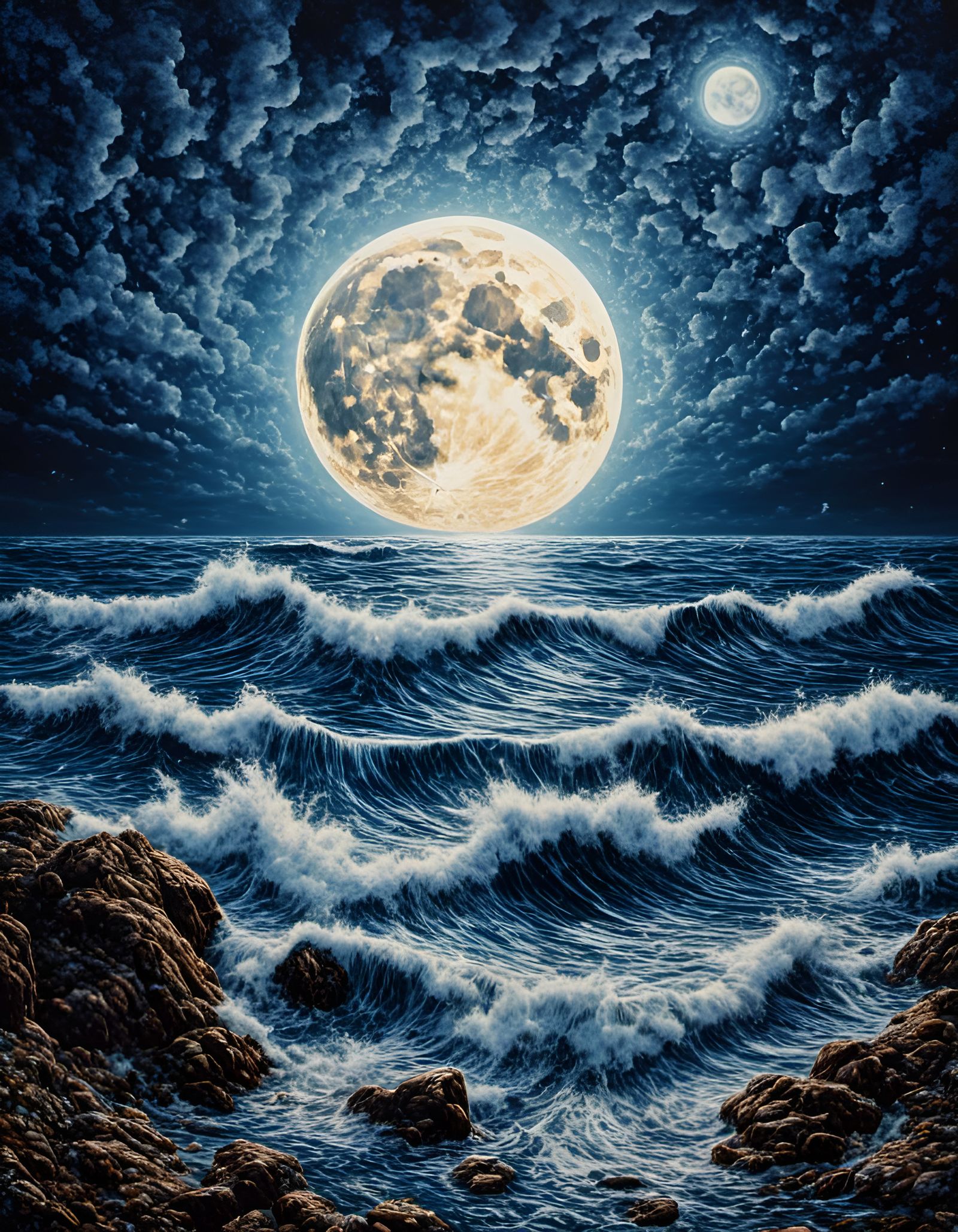 Moon Over Ocean in Contemporary Quilt Art Style