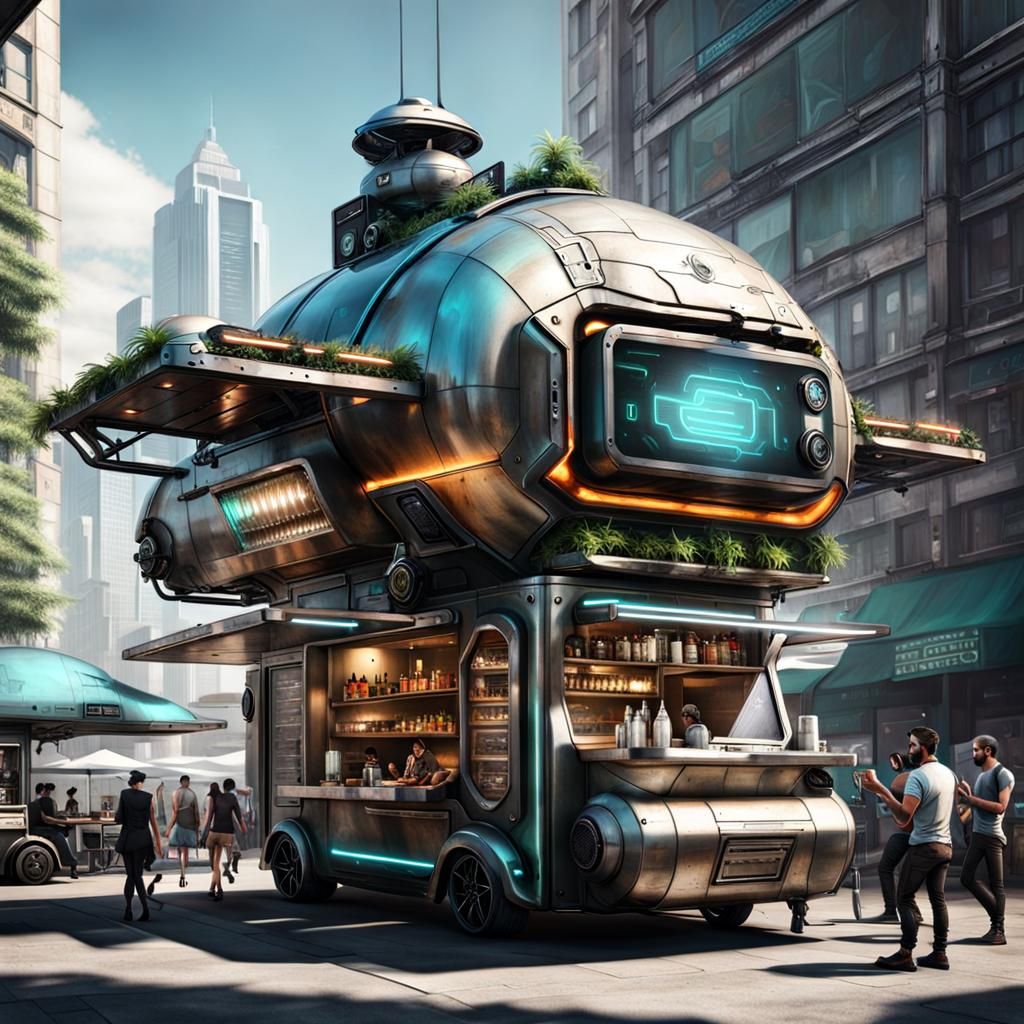 Cyberpunk Food Truck Serving Patrons