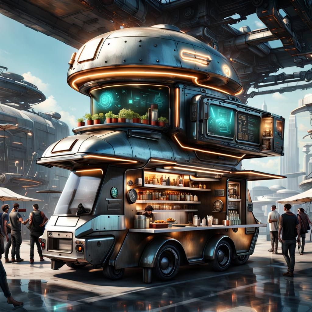 Futuristic Hovering Food Truck in Spacepunk Style
