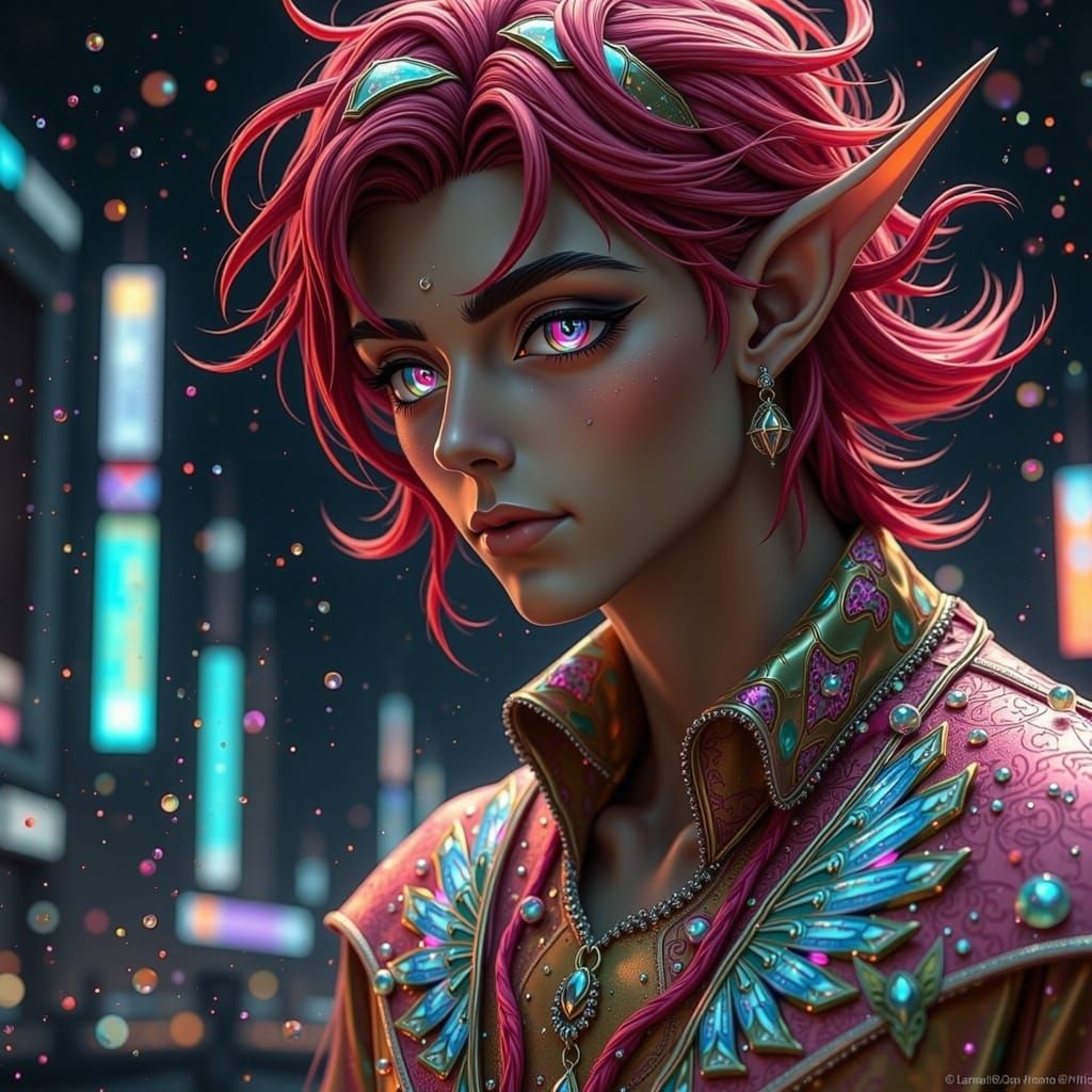 Cyberpunk Fae in Vibrant Metallic Attire