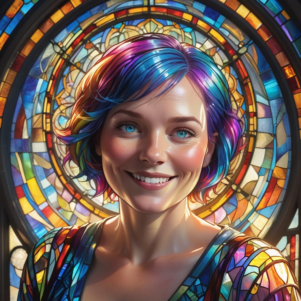 Rainbow-Haired Woman Portrait with Stained Glass Window