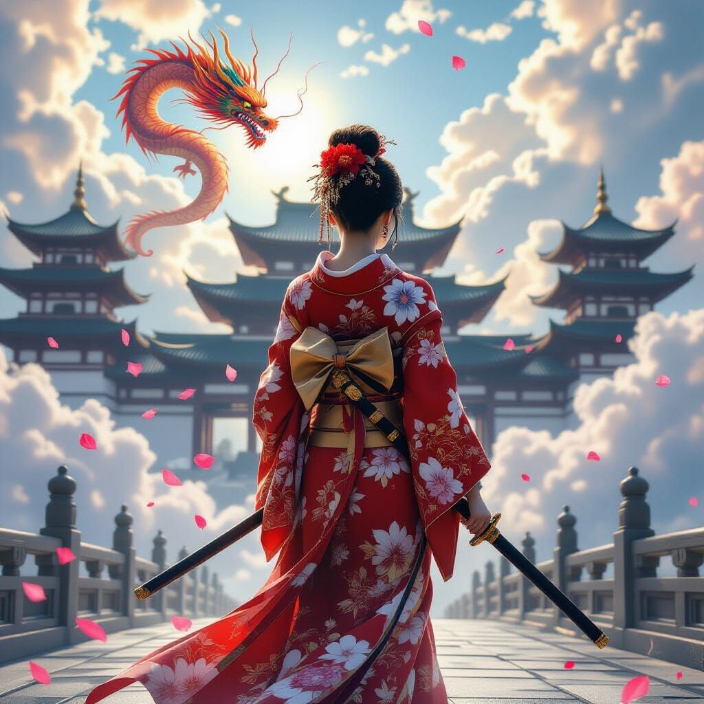 Japanese Woman with Katana and Dragon in Fantasy Style