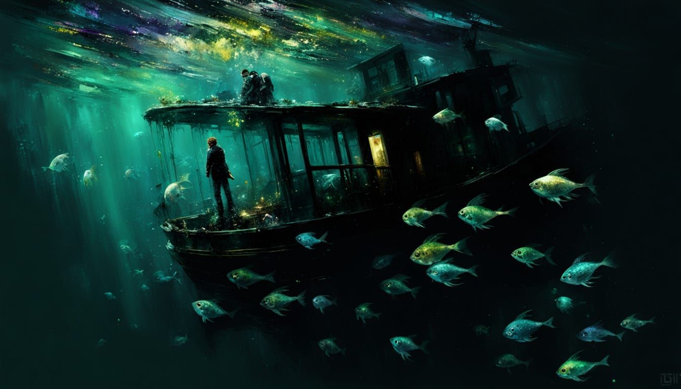 Underwater Ship in Dark Impressionistic Style