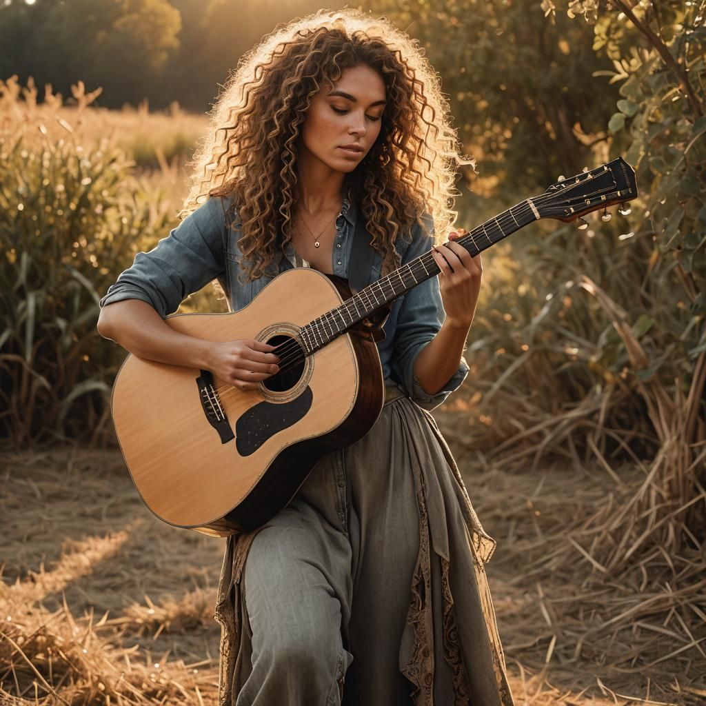 Confident Farm Girl Guitarist in Golden Hour Light