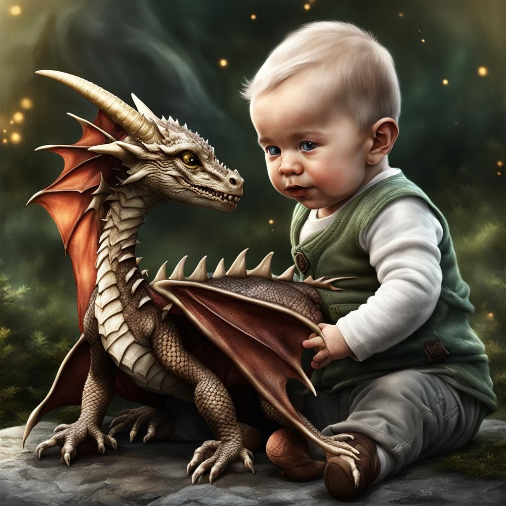 Realistic Baby Elf and Dragon Illustration