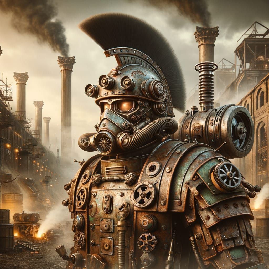 Diesel Punk Roman Praetorian in Rusty Armor with Steam-Power...