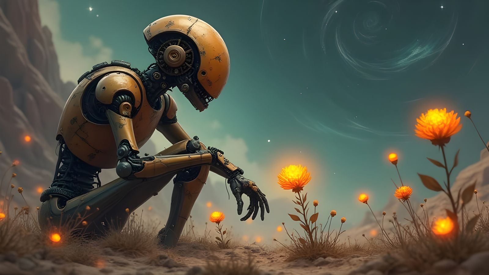 A lone automaton with intricate clockwork gears visible beneath its metallic shell, tending to a garden of bioluminescen...