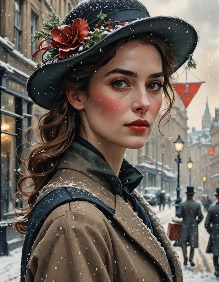 Elegant Woman in Snowy London Street, Painterly Style