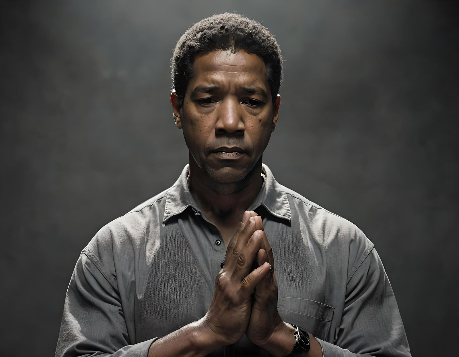 Denzel Washington, hands spread out in prayer