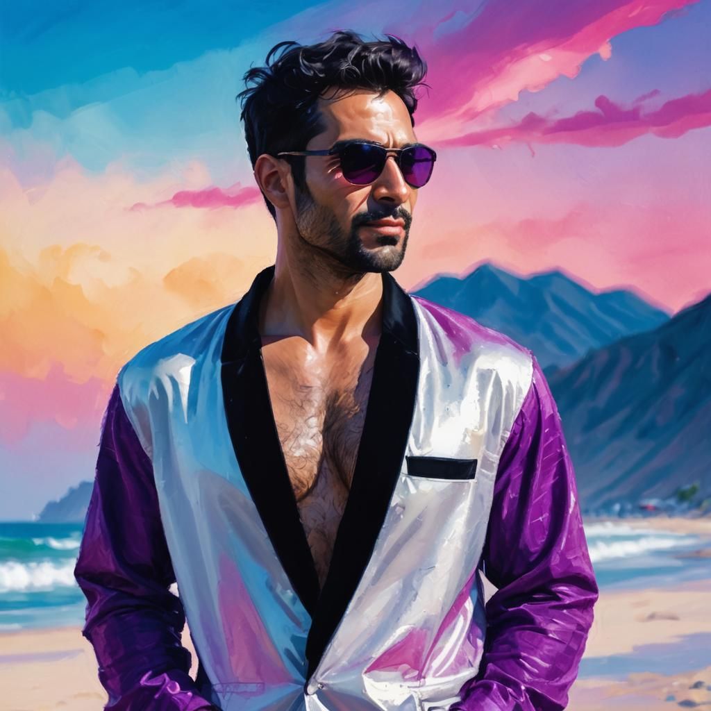 Hirsute Man on Beach in Impressionist Style