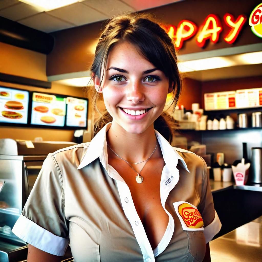 Petite Brunette Fast Food Employee at Work
