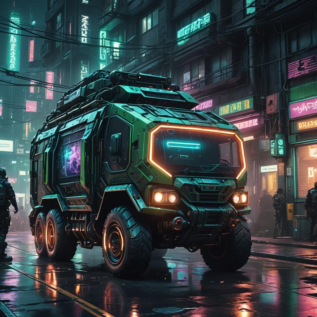 Futuristic Battle Bus Speeds Through Dark Cyberpunk Alley