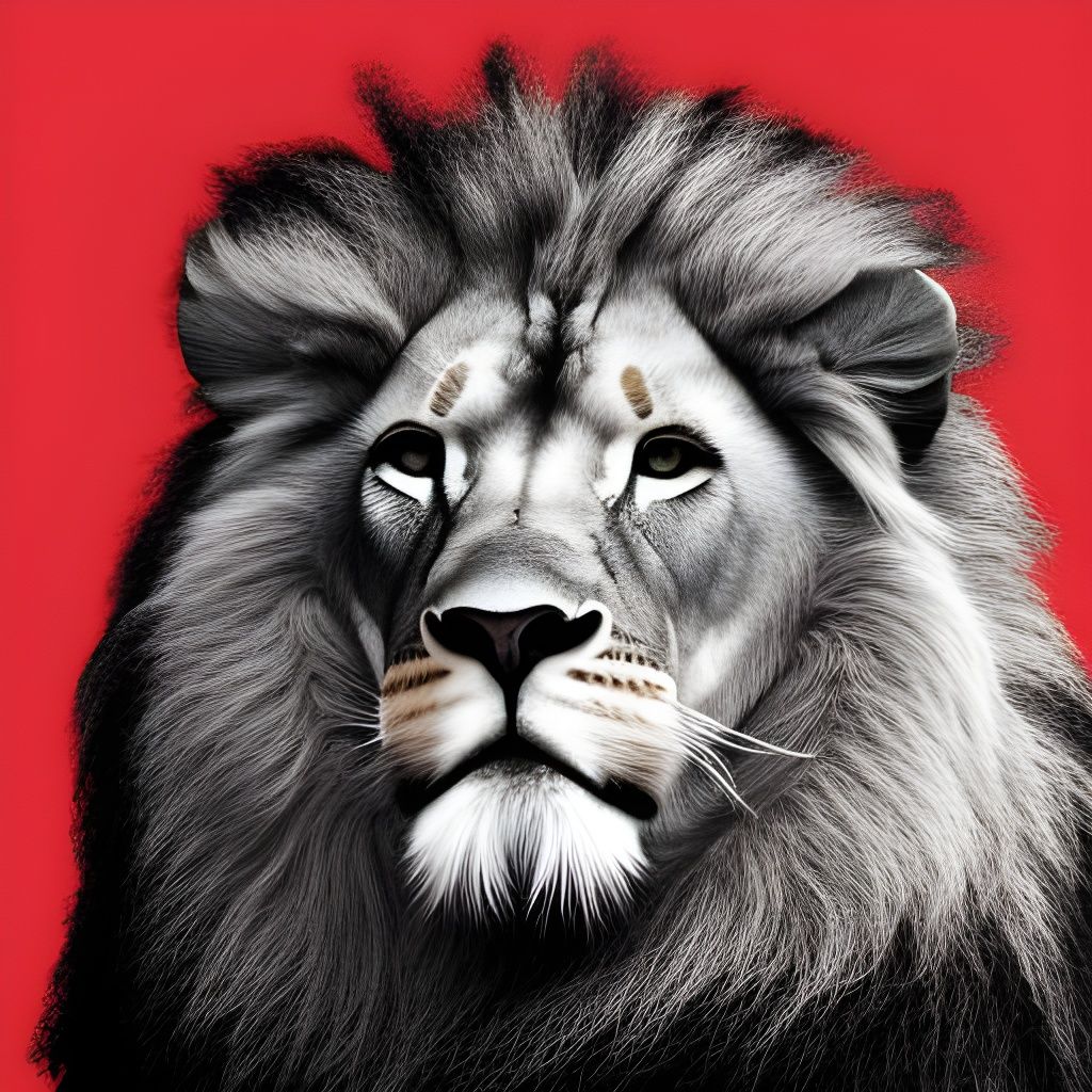 Grayscale Lion Portrait on Red Background