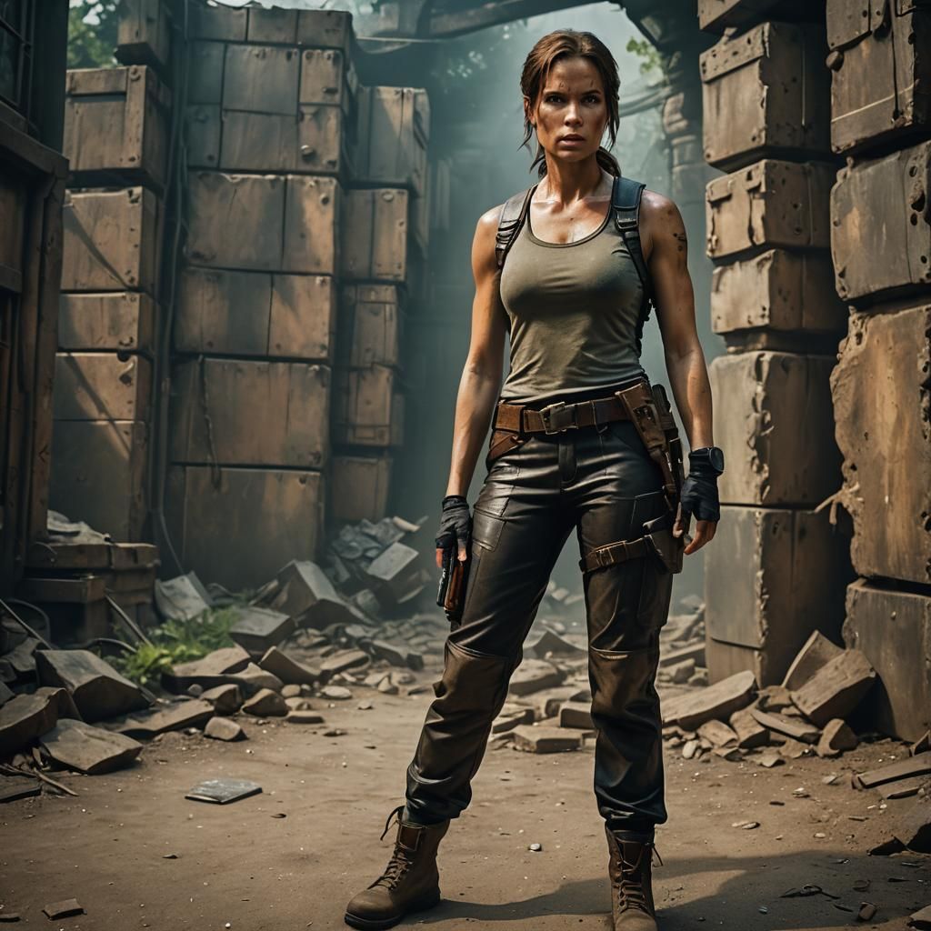 Lara Croft in Leather Cargos: Cinematic Film Still