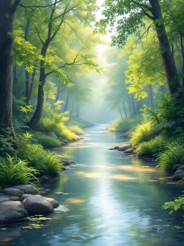 Peaceful Forest River Scene with Dappled Sunlight