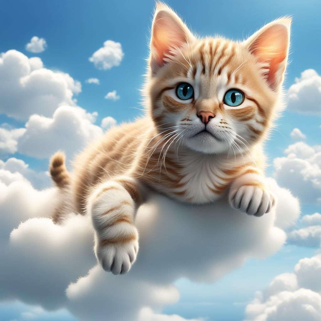 Kitten Flying Among Clouds: Hyperrealistic Concept Art