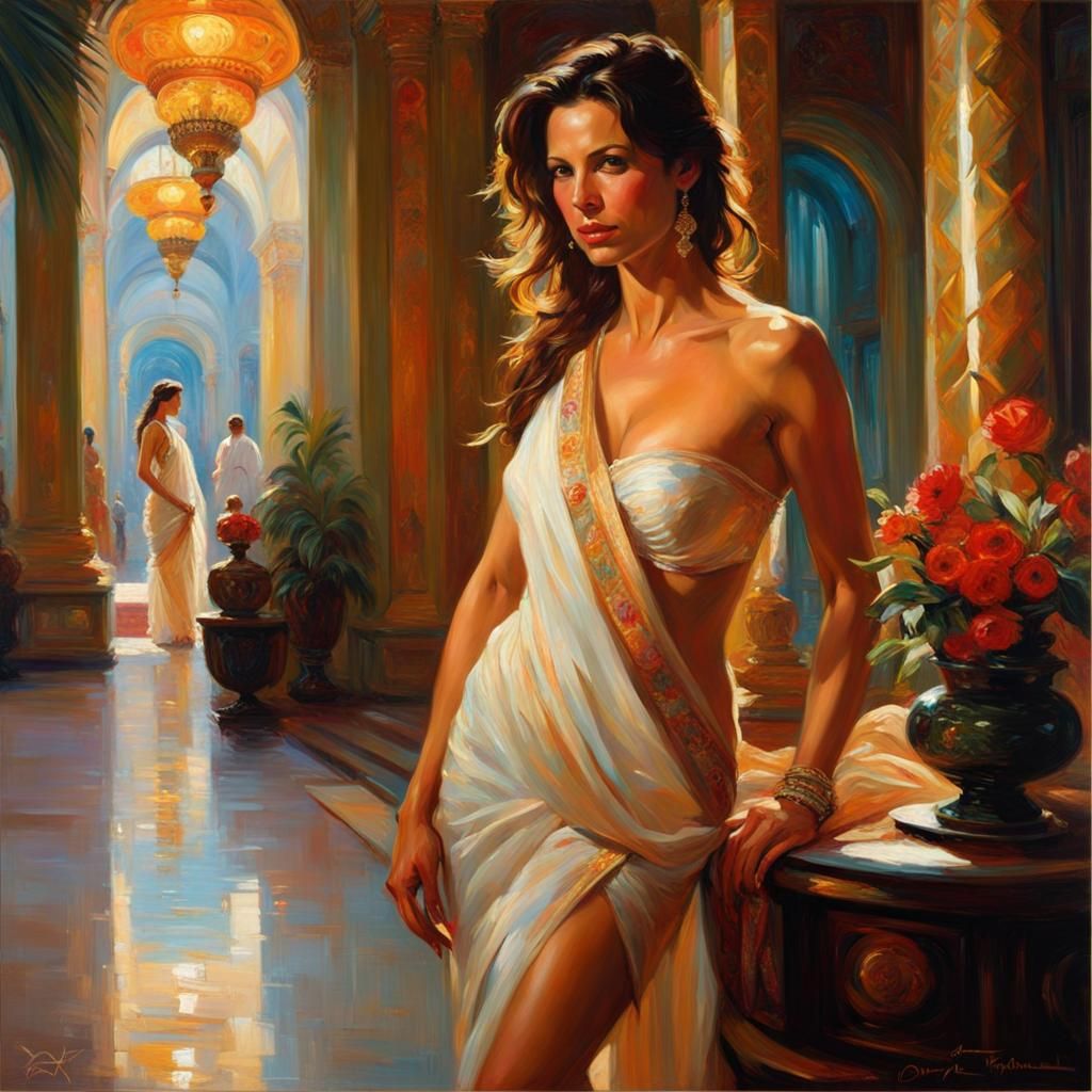 Beautiful fit Rhona Mitra wearing skimpy saree.  Risqué. Exotic palace bedroom decor in background. Daniel Gerhartz. Kon...