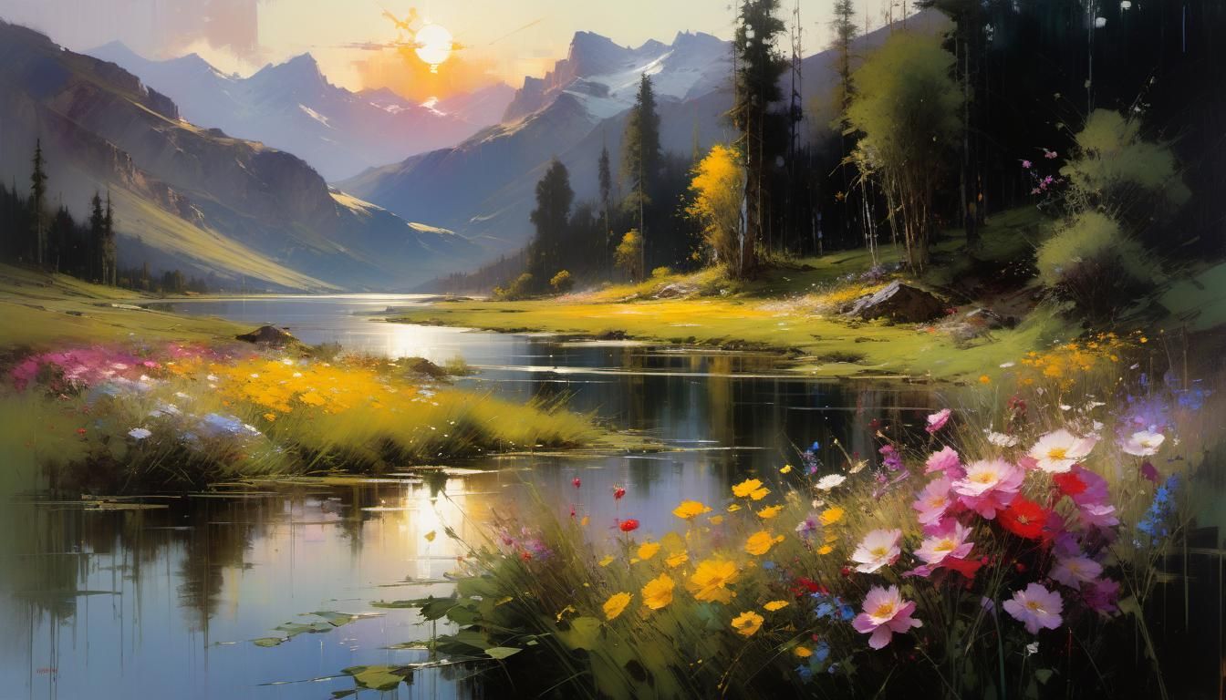 Mountain Meadow Sunset Painting in Fine Art Style